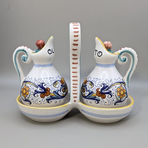 Deruta Ceramiche Other - Vintage Ceramiche Deruta Italy Raffaellesco Oil Vinegar Cruet Set Hand Painted